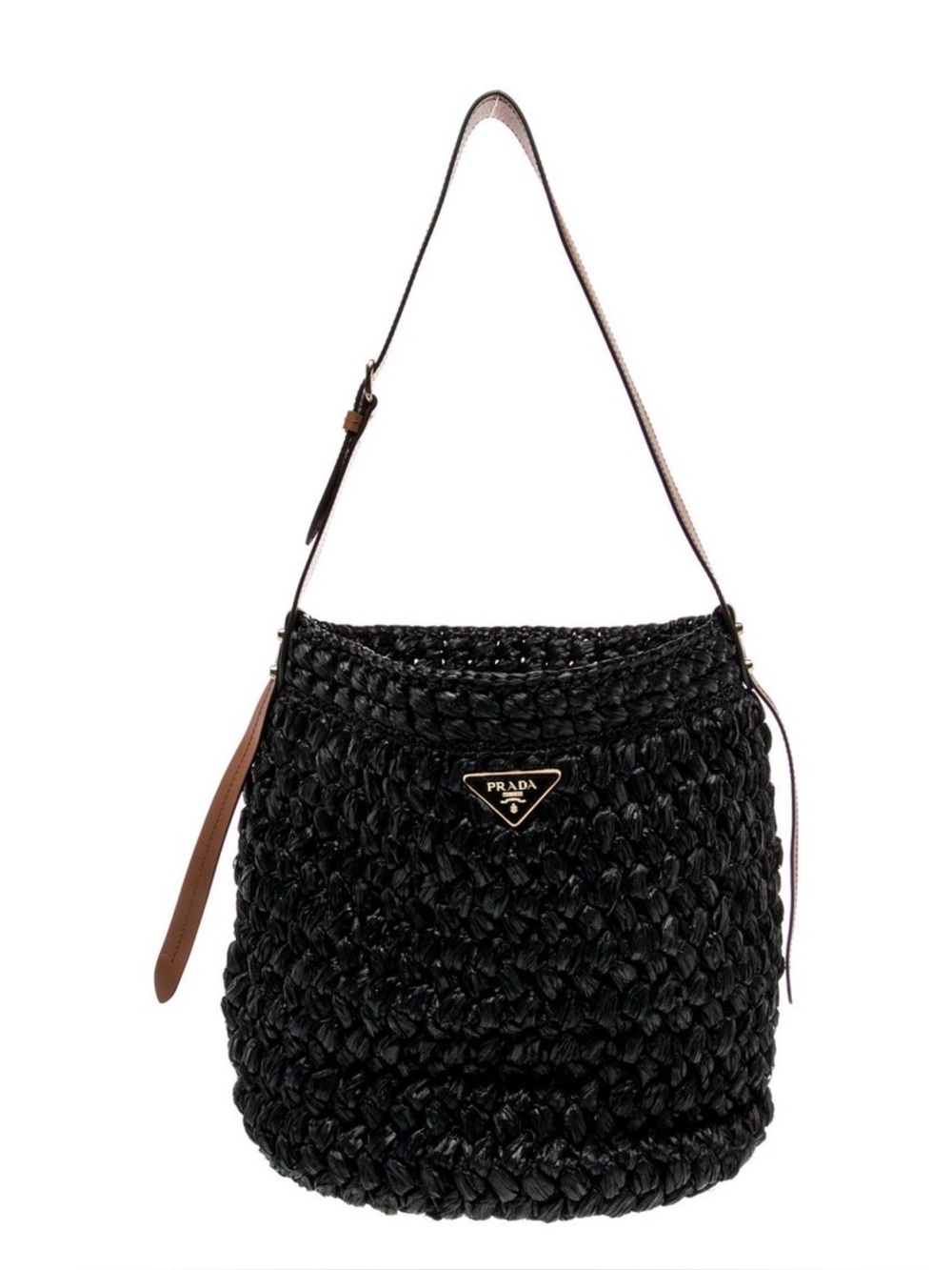 Prada Black Rafia Bucket Tote with Brown Trim